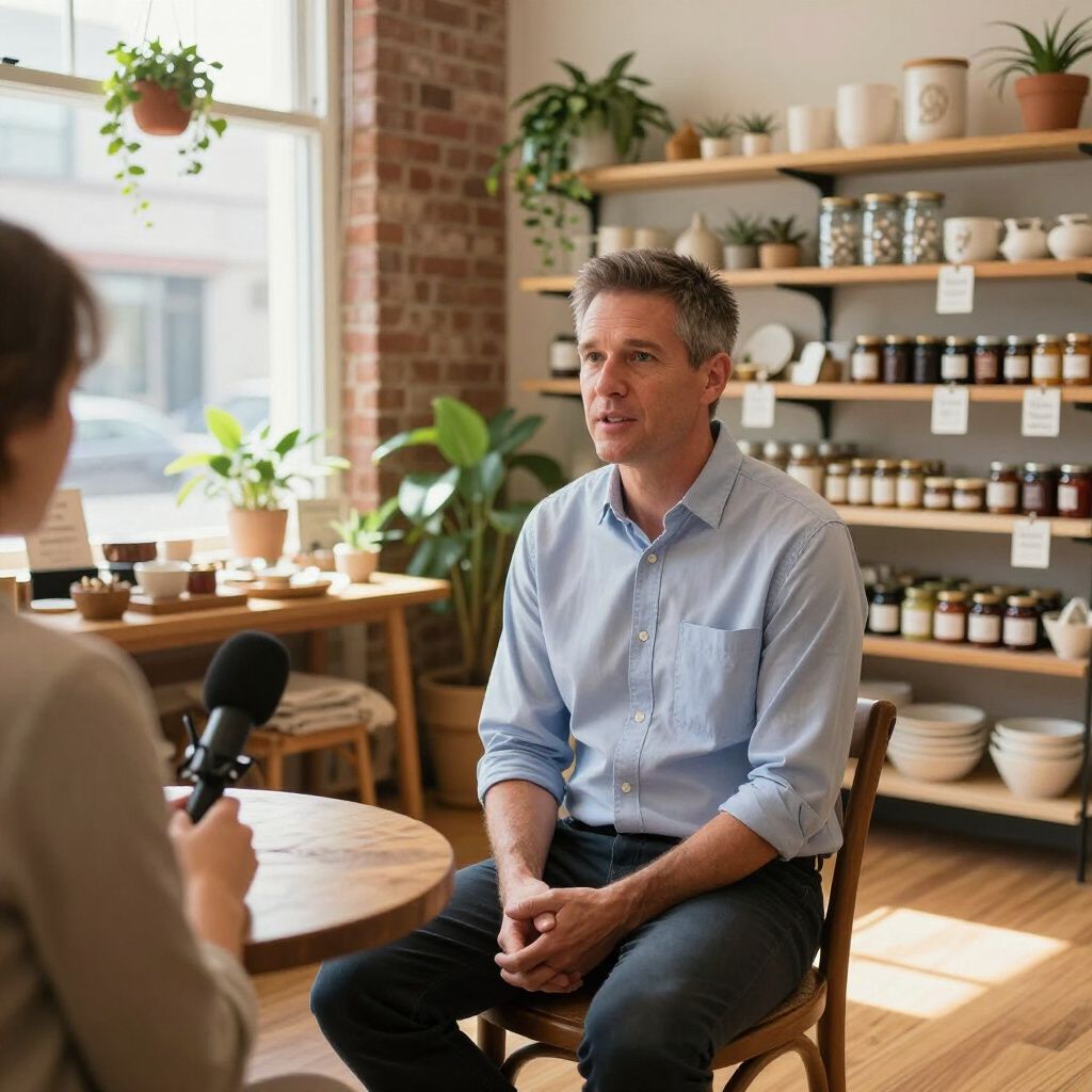Man in light blue shirt interviewed in a store with shelves of products and plants.