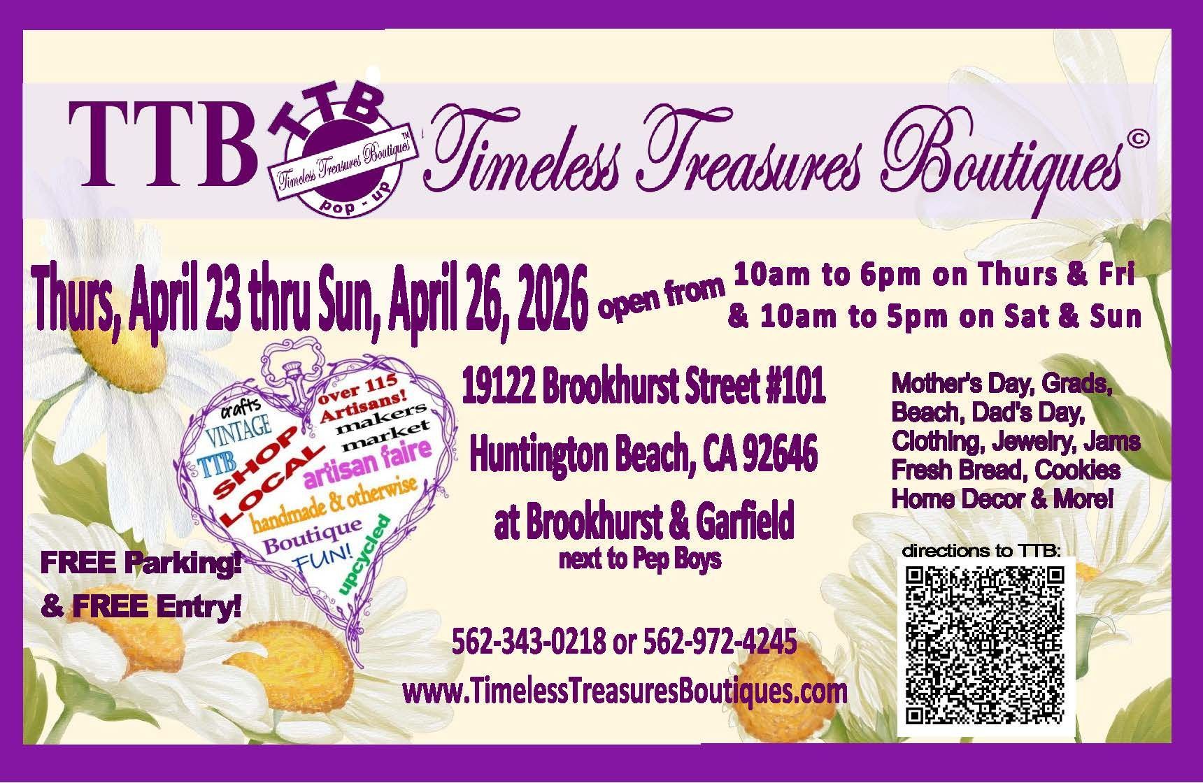 Timeless Treasures schedule A purple event flyer for Timeless Treasures Boutiques on March 26-29, 2026, in Huntington Beach, featuring a rabbit graphic.