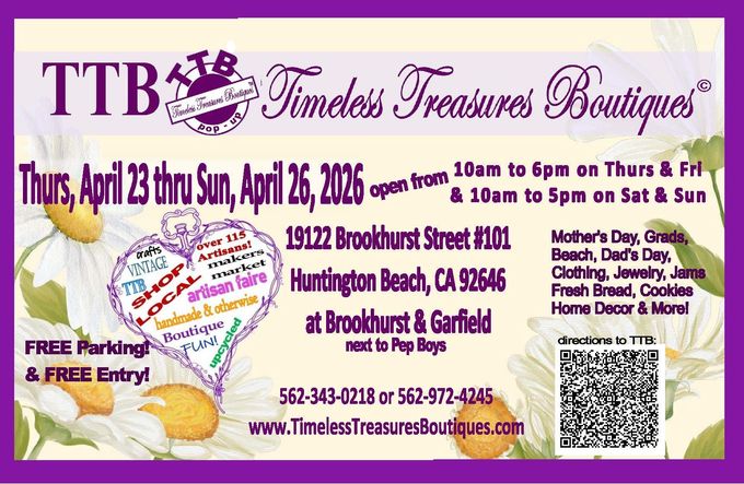 A purple event flyer for Timeless Treasures Boutiques on March 26-29, 2026, in Huntington Beach, featuring a rabbit graphic.