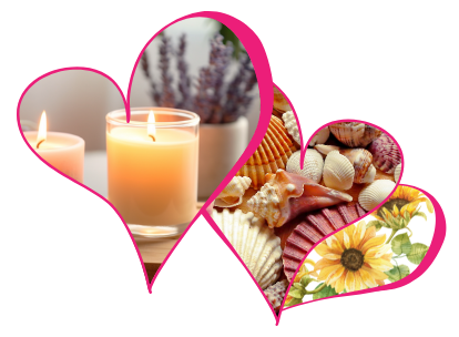 Two hearts with a candle and seashells in them