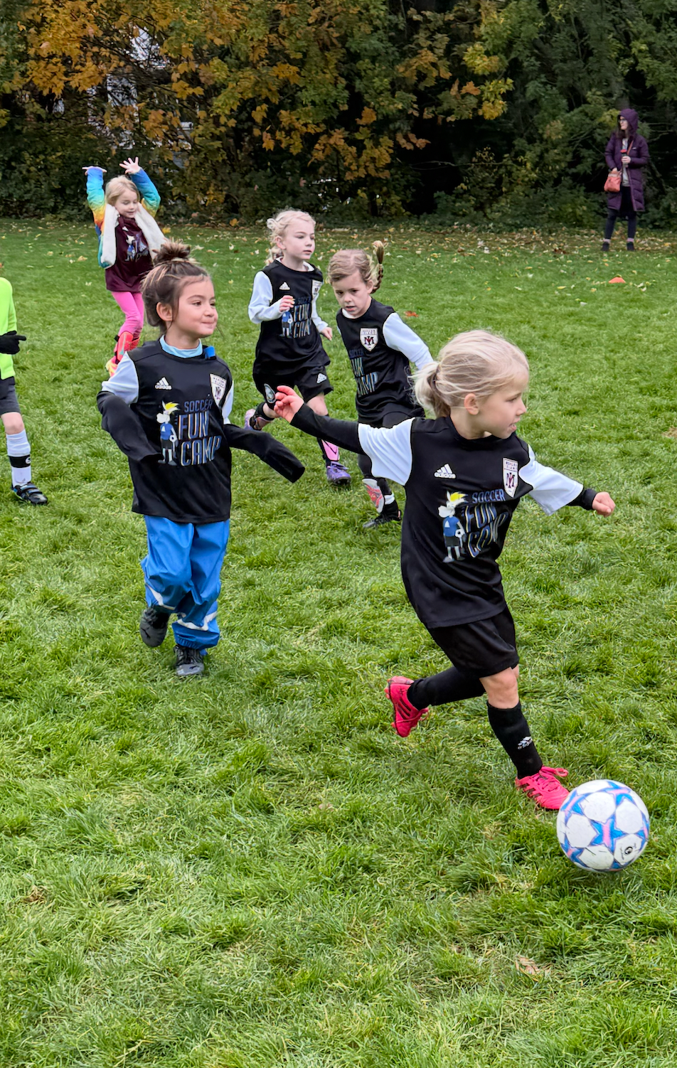 Children playing soccer on a grassy field, with one boy kicking a blue-and-white ball.