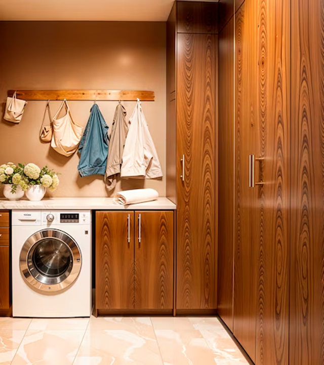 Laundry room with a washing machine, wooden cabinets, and a clothes rack.