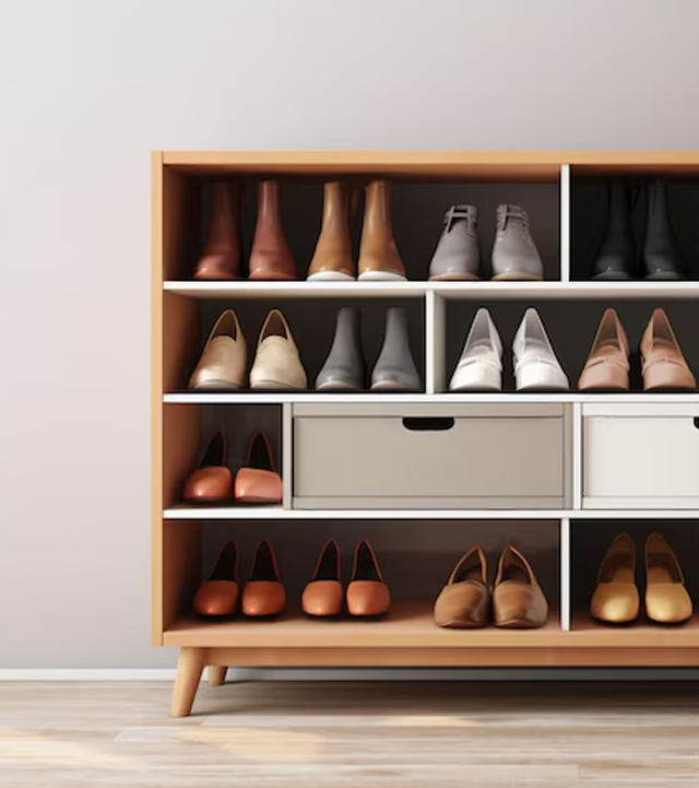 Wooden shoe organizer with shoes of various colors neatly arranged on shelves.