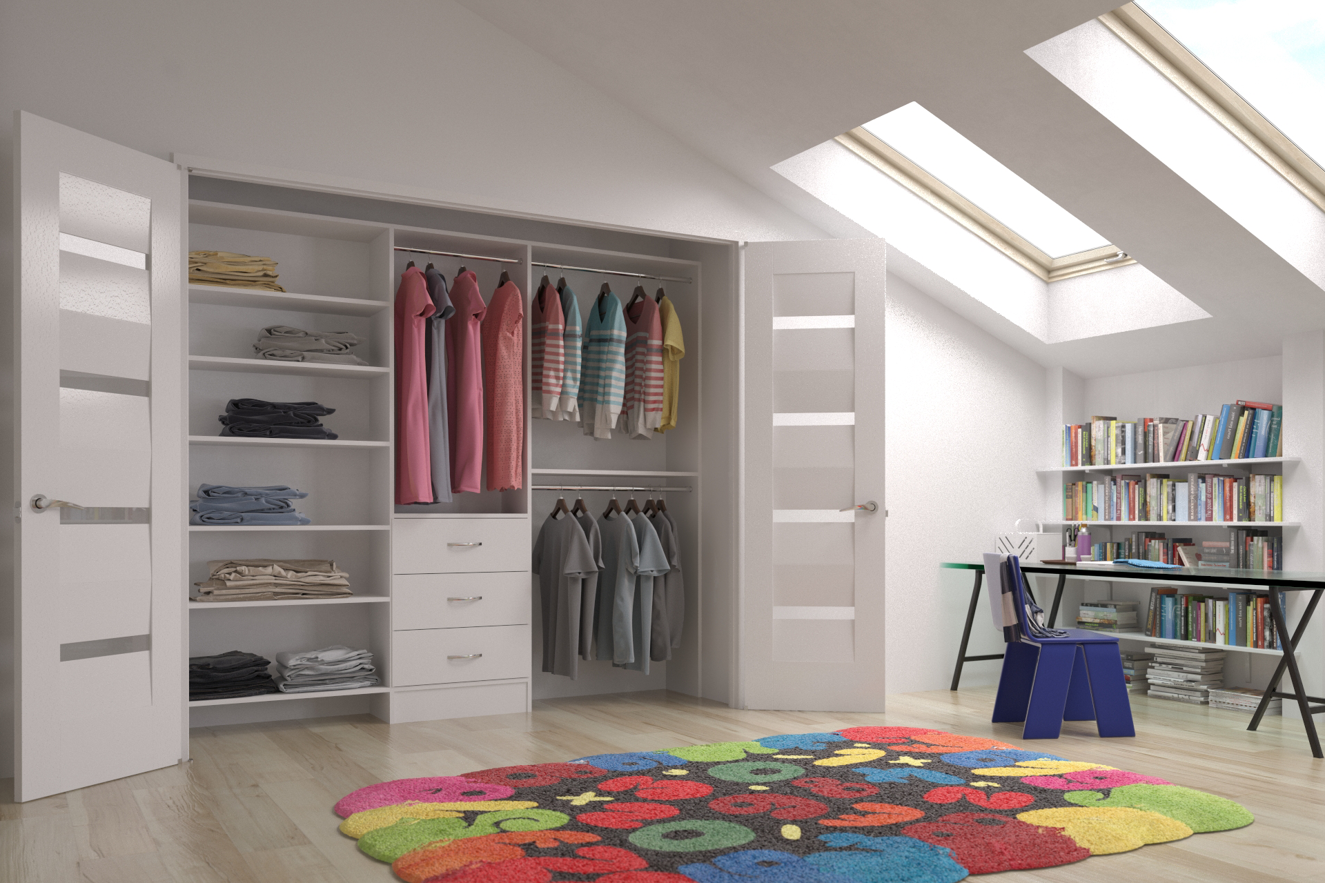 White closet with clothes, shelves, and drawers, next to a room with desk and colorful rug.