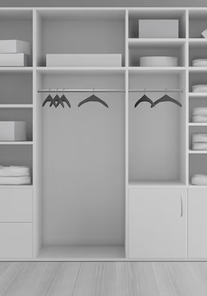 White built-in closet with shelves, hanging rods, and storage boxes.