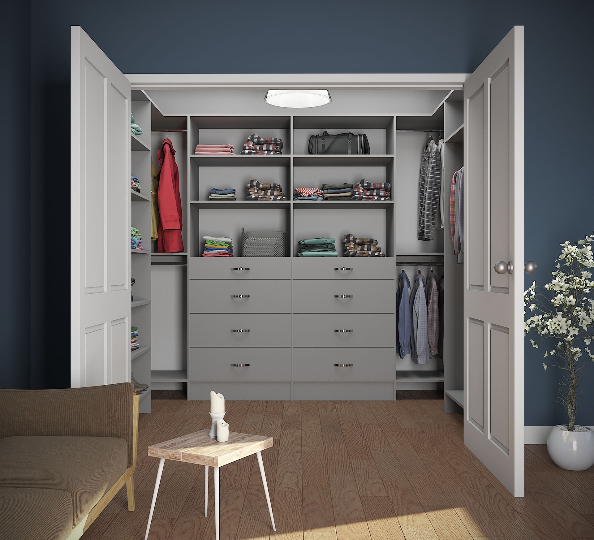 Gray built-in closet with open doors, organized shelves, drawers, and hanging rods. Light fixture, wood floor.