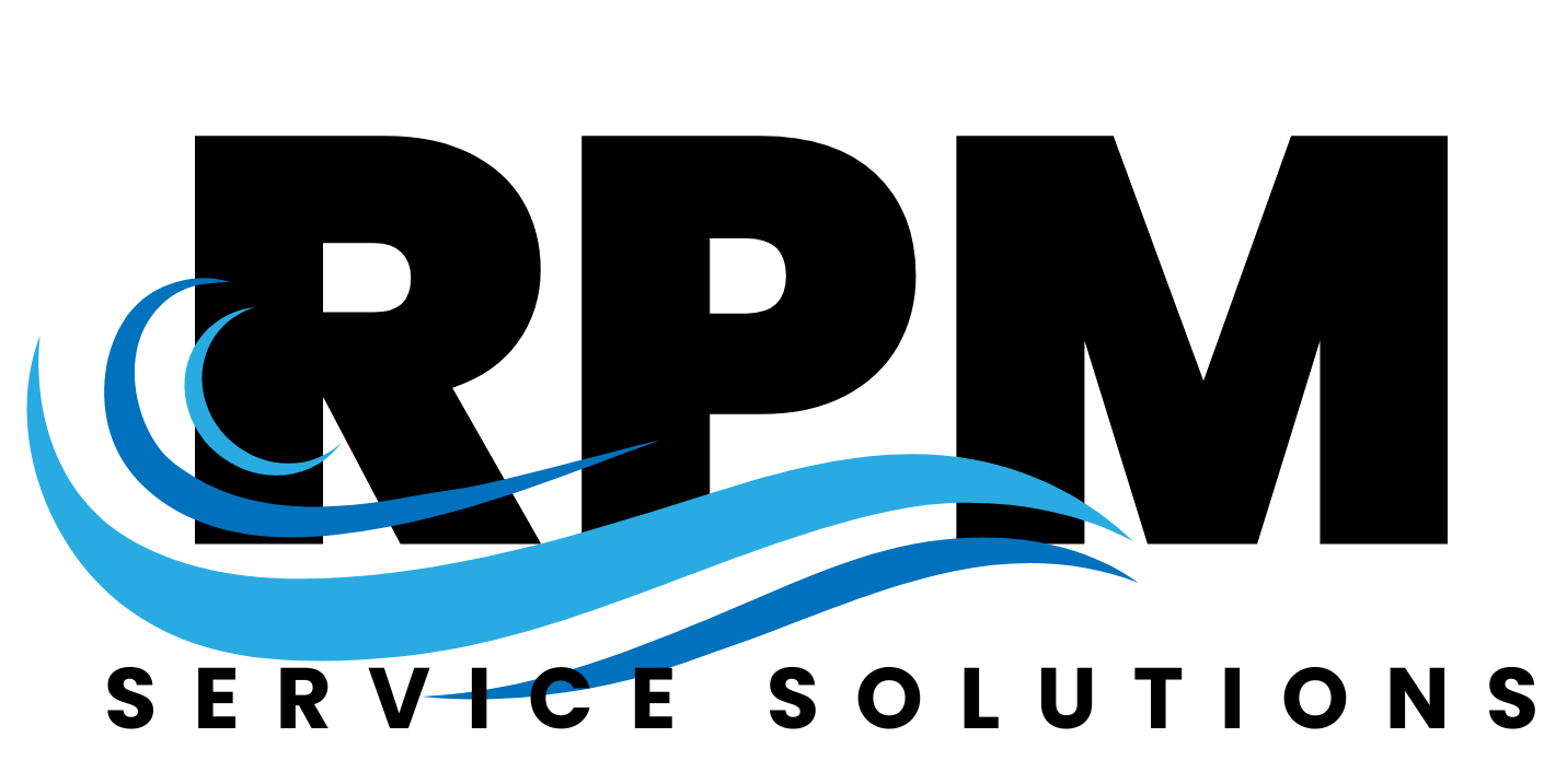 Black "RPM" text with blue wave graphic and "SERVICE SOLUTIONS" below.