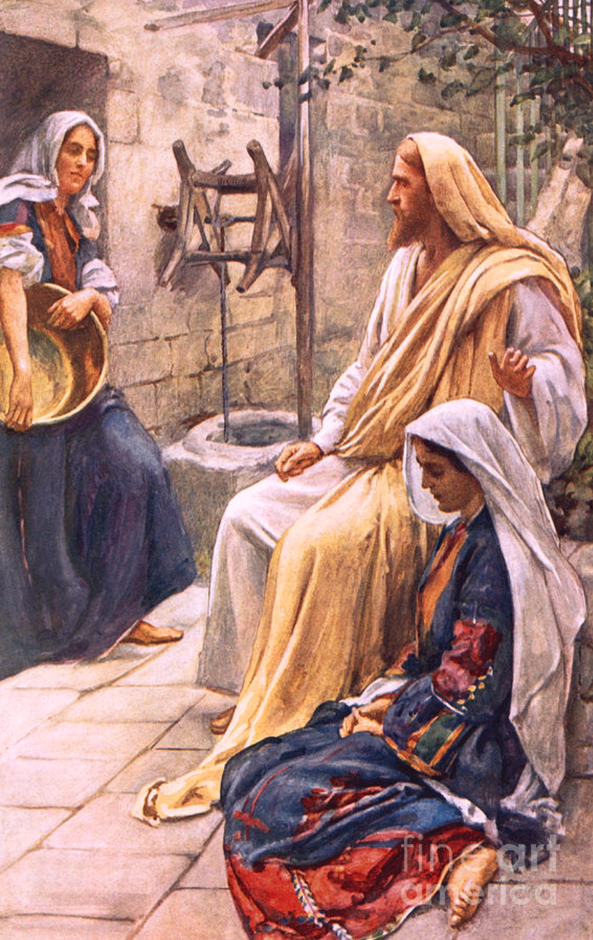 A painting of Jesus talking to two women near a well.