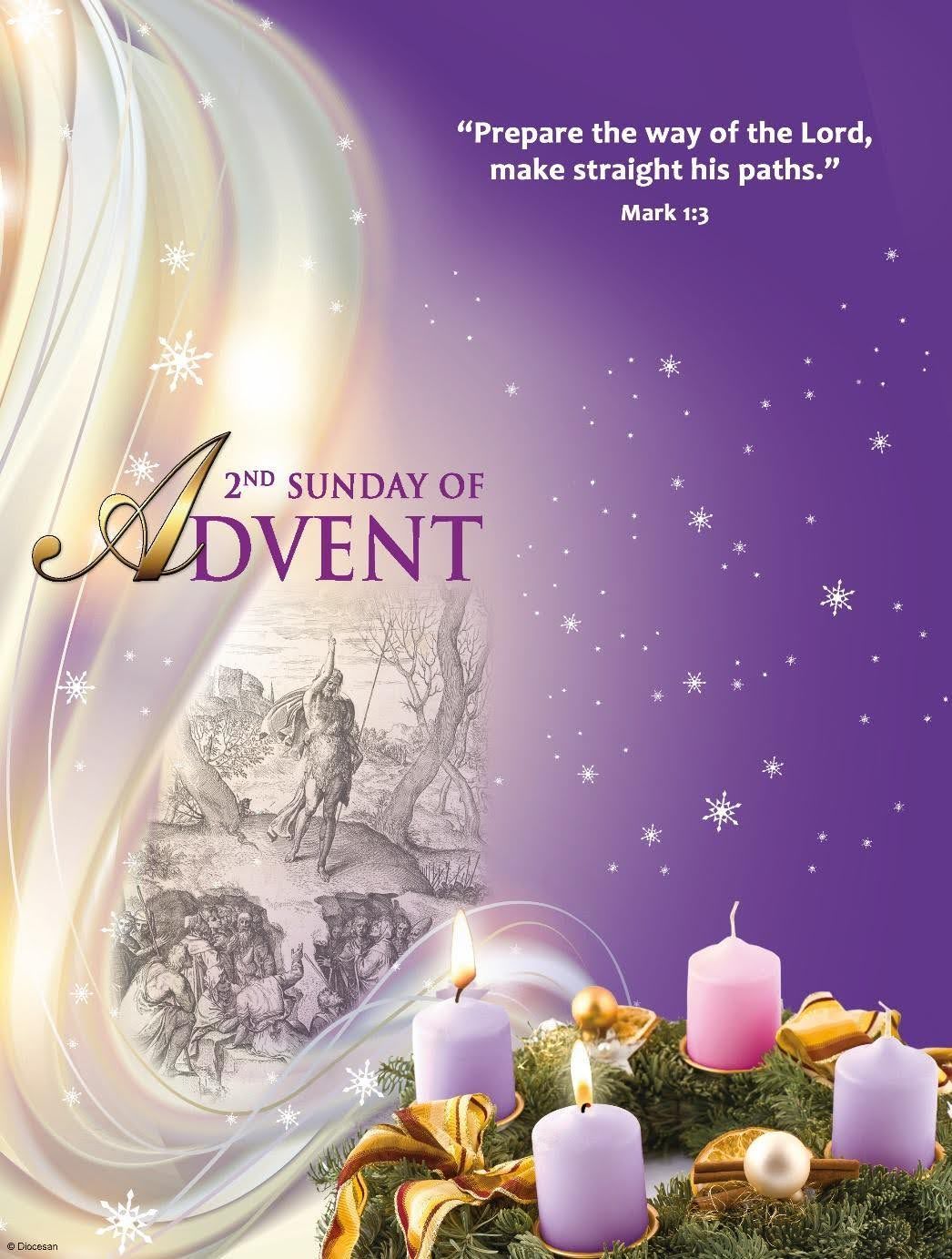 A poster for the 2nd sunday of advent with a wreath of candles.