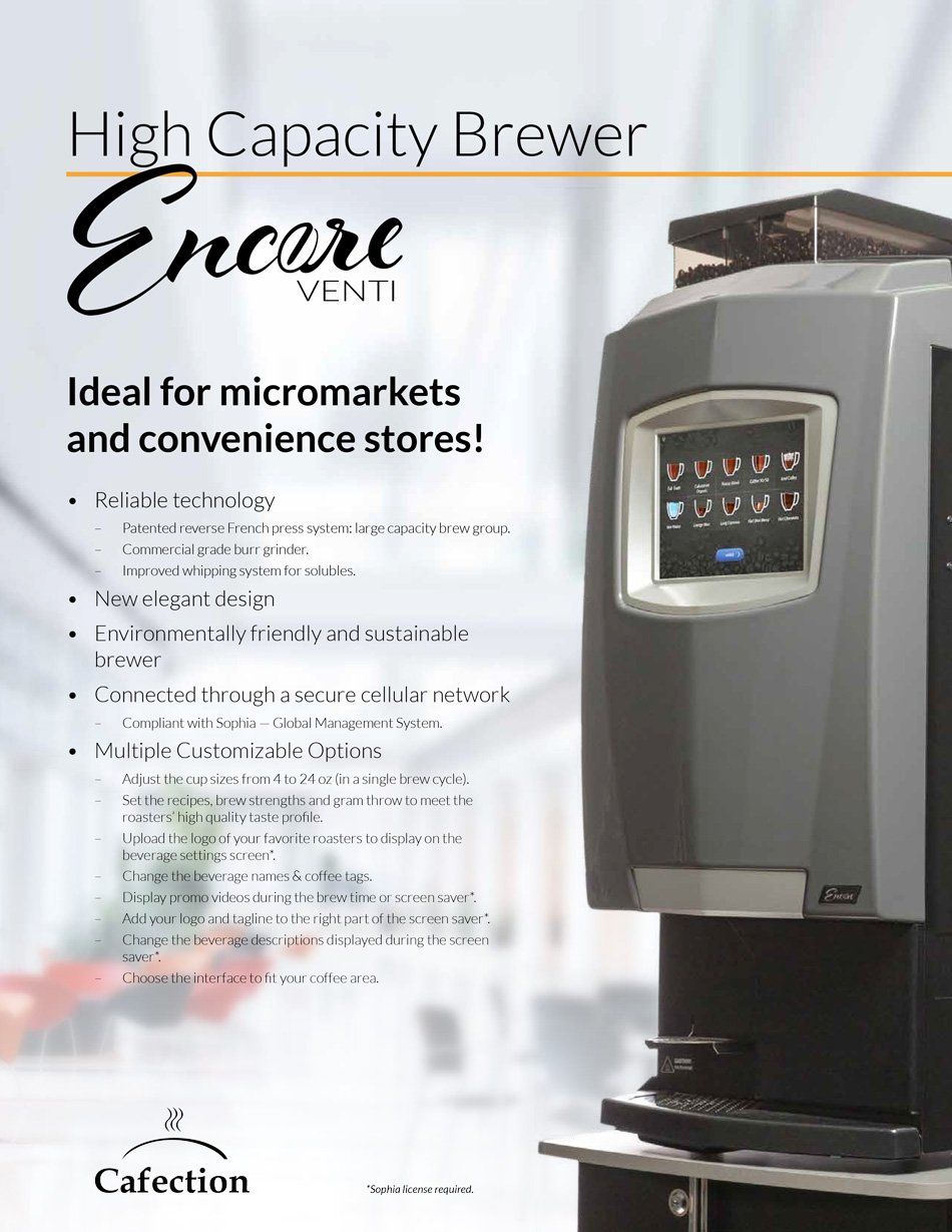 High Capacity Brewer Encore Venti Brochure First Page — Chicago, IL — Avcoa Vending