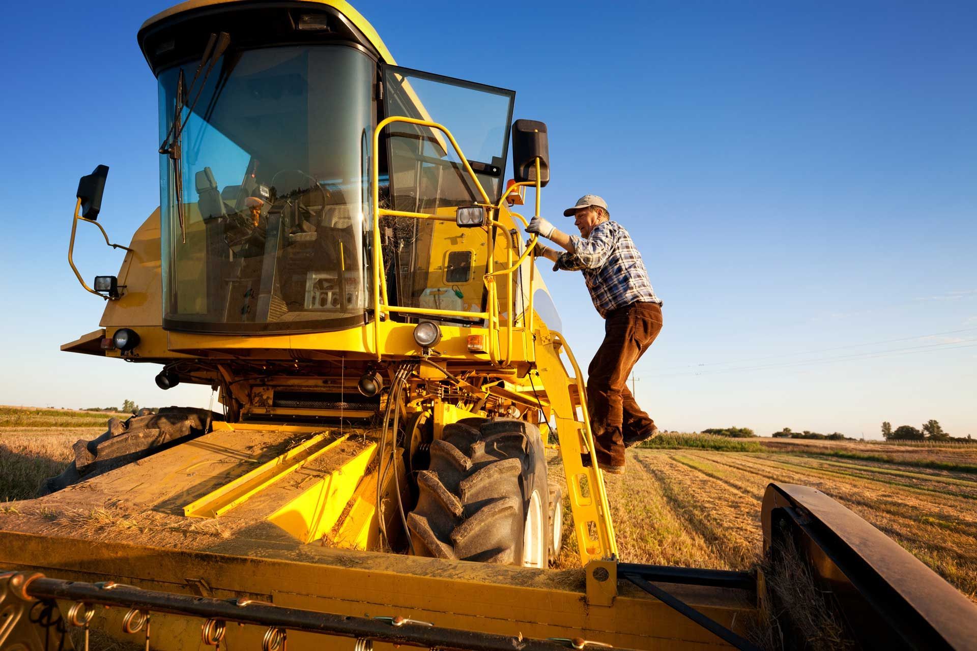 A man is standing on a yellow tractor in a field
