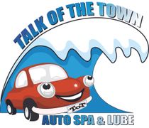 Red cartoon car with a happy face, in front of a wave, "Talk of the Town" logo and "Auto Spa & Lube" text.
