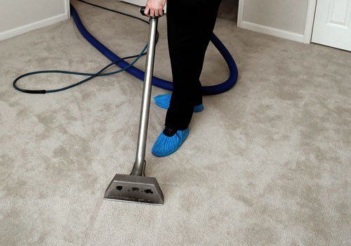 A cleaner vacuuming a beige carpet