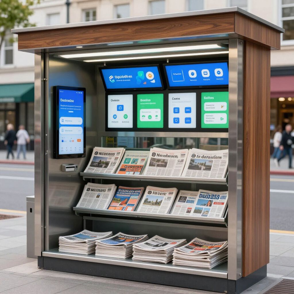 Edicola con schermi digitali e giornali su un marciapiede cittadino.
