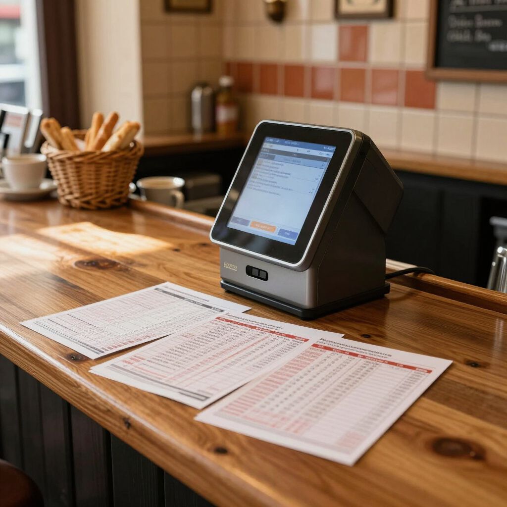 Terminale POS su bancone in legno con menù stampato e cestino di grissini.