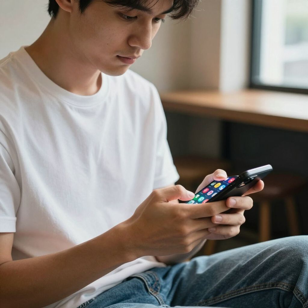 Un uomo in maglietta bianca e jeans utilizza uno smartphone, seduto in casa vicino a una finestra.