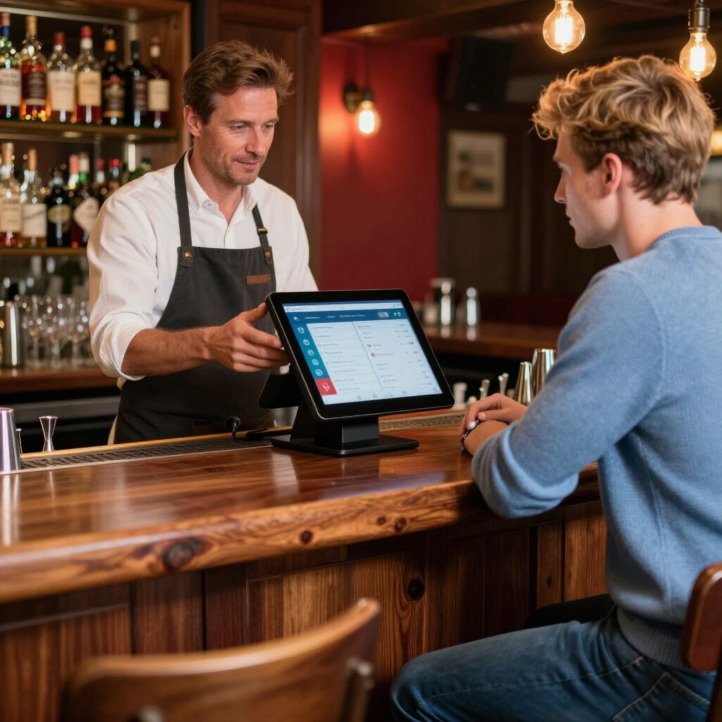 Un barista mostra a un cliente il sistema POS di un bar.