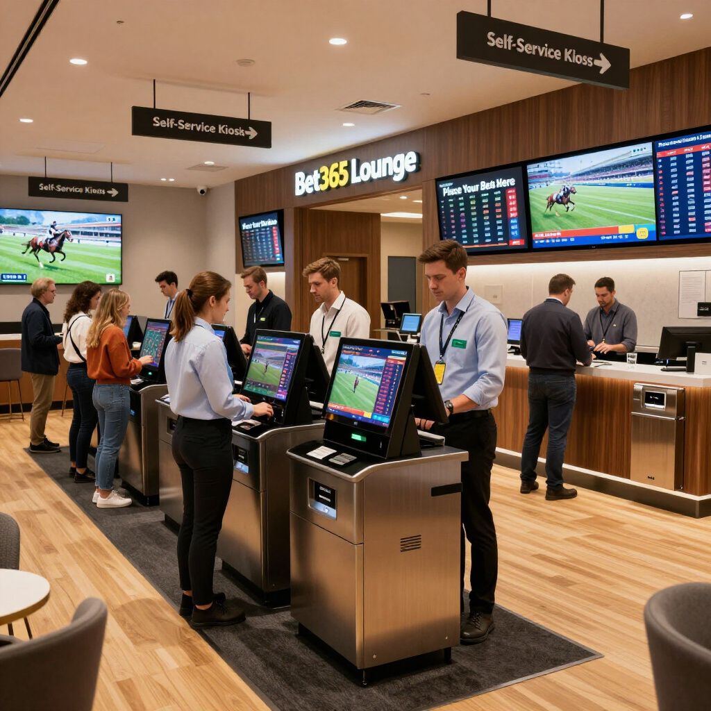 Persone in una sala scommesse Bet365. Clienti ai chioschi self-service e agli sportelli scommesse, che guardano gli schermi che mostrano i risultati sportivi.