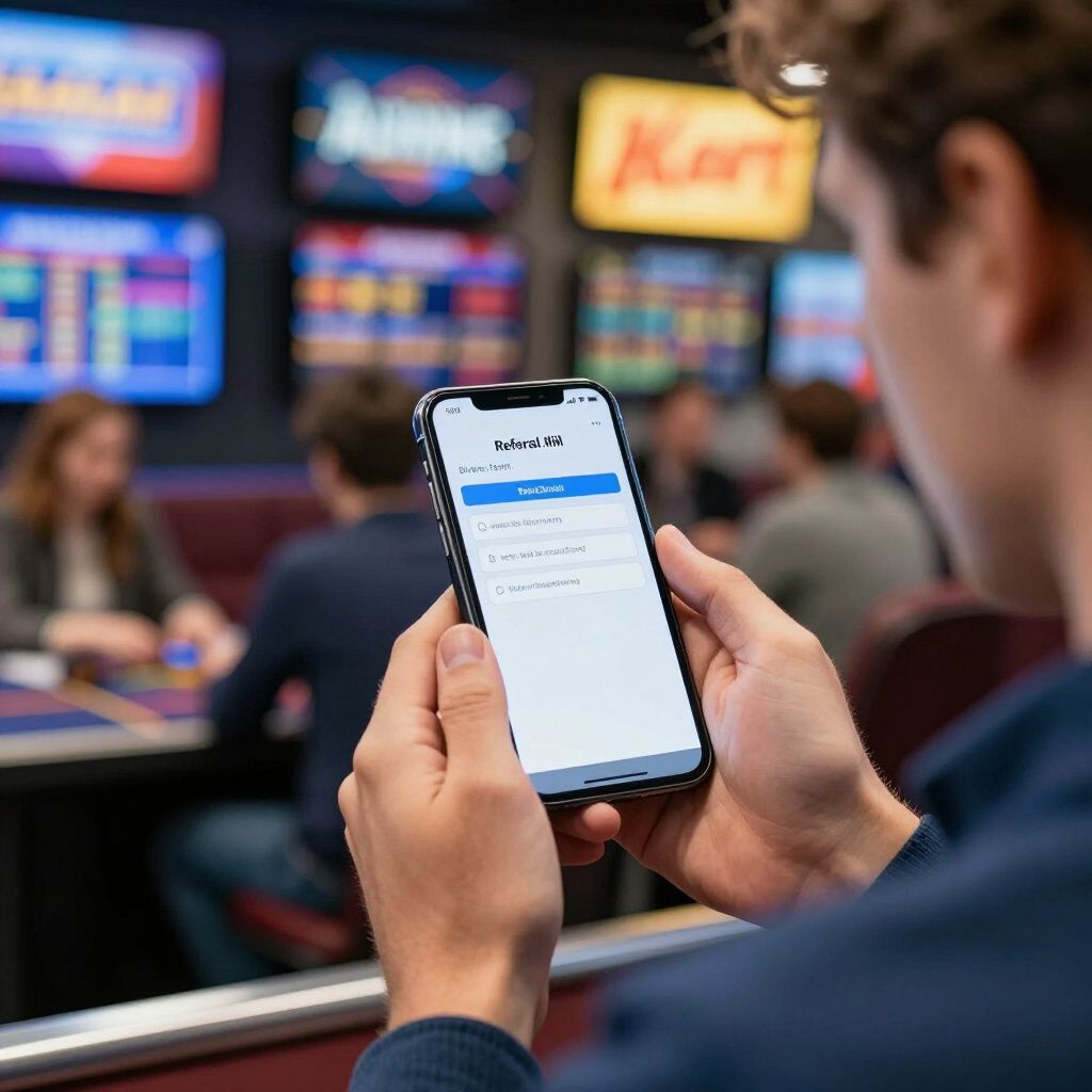 Persona che utilizza uno smartphone in una sala giochi; altre persone e schermi sullo sfondo.