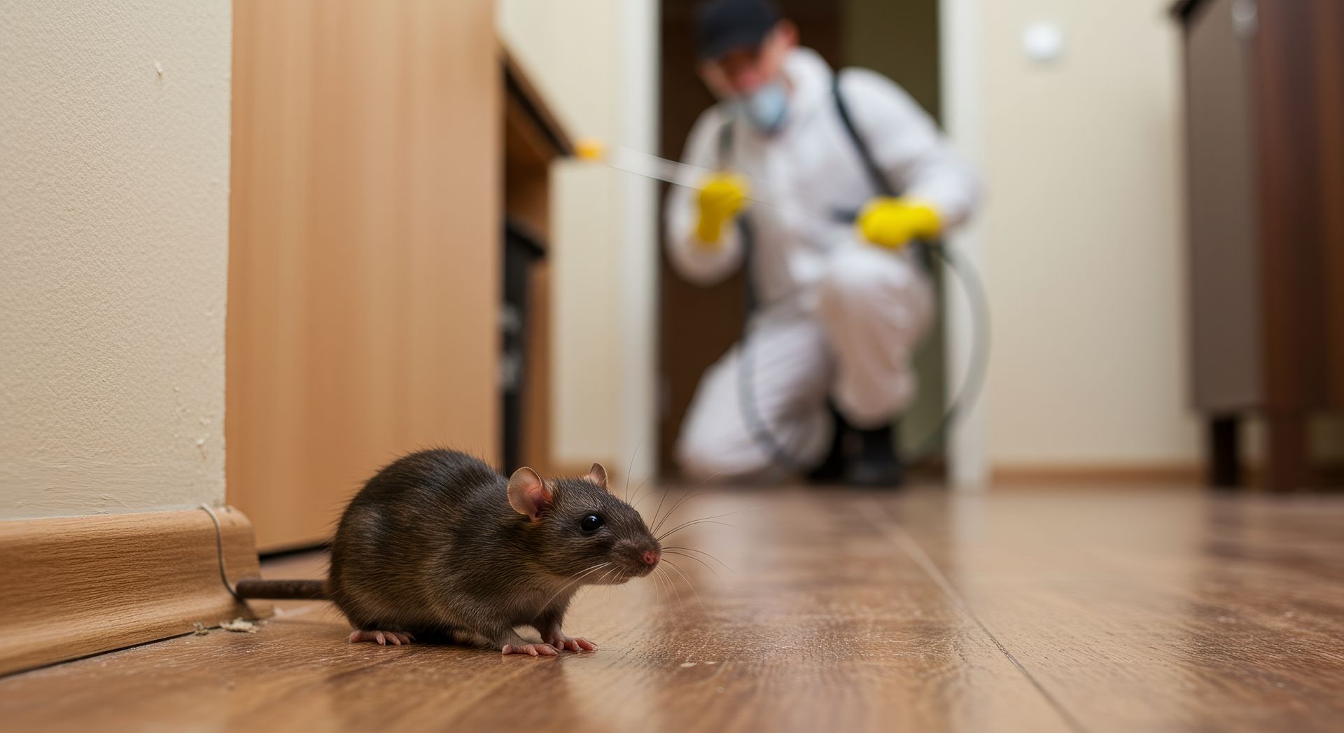 Close-up of a rat in a hallway as a professional performs mouse extermination indoors.