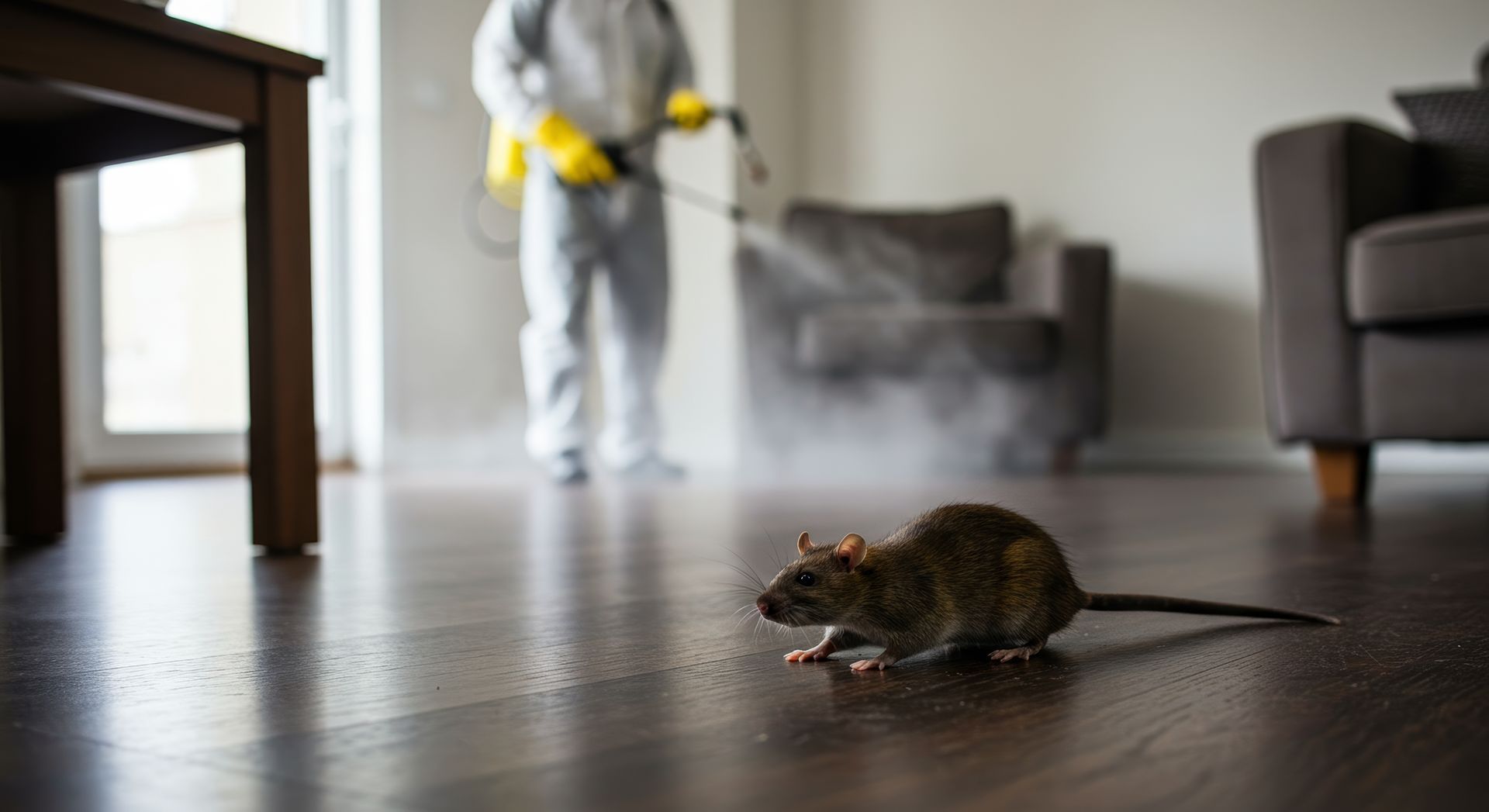 Rat in a home as professionals perform mouse extermination, demonstrating effective pest control.