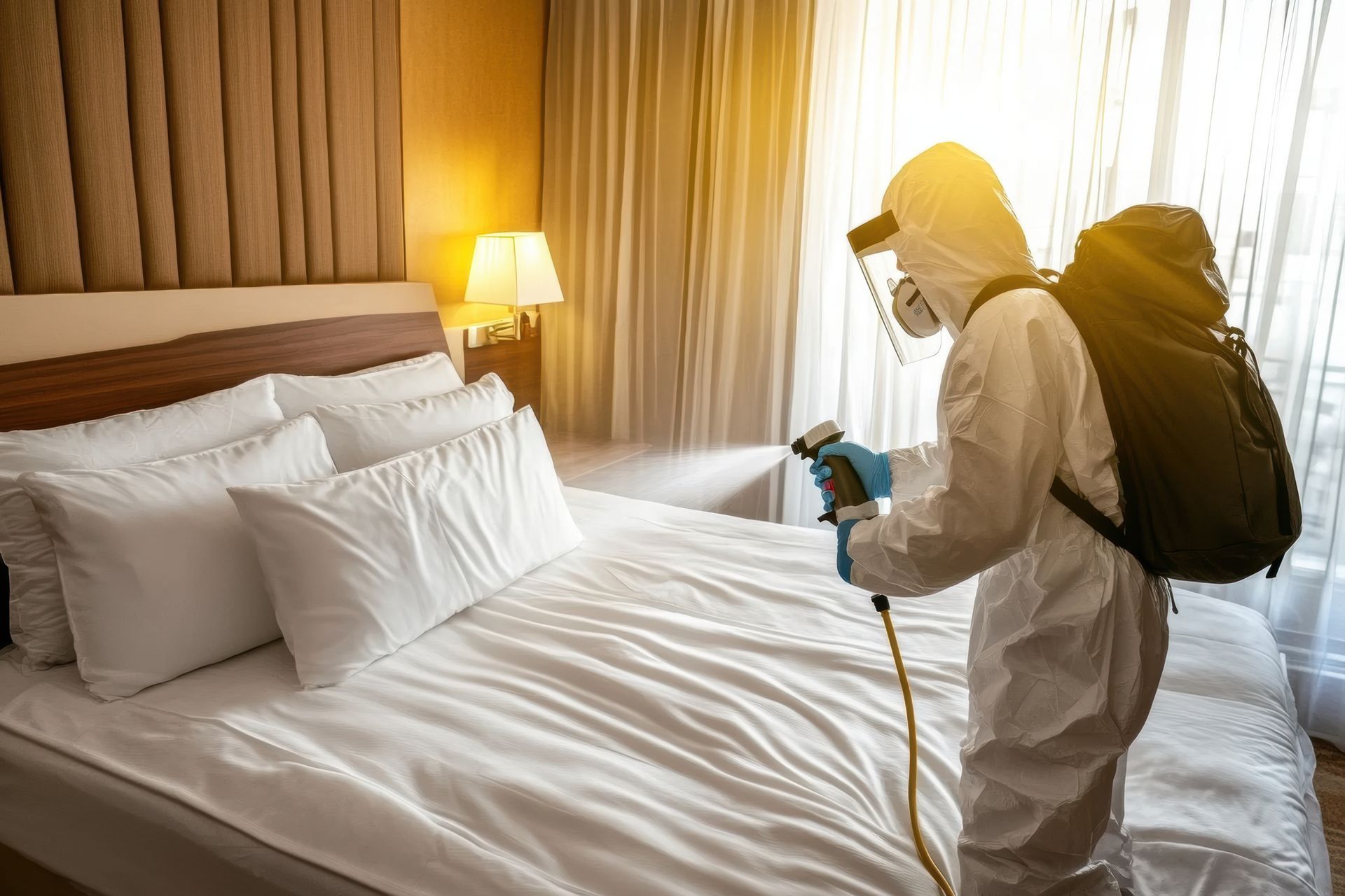 An exterminator in protective gear performing bee control treatment at a hotel property.