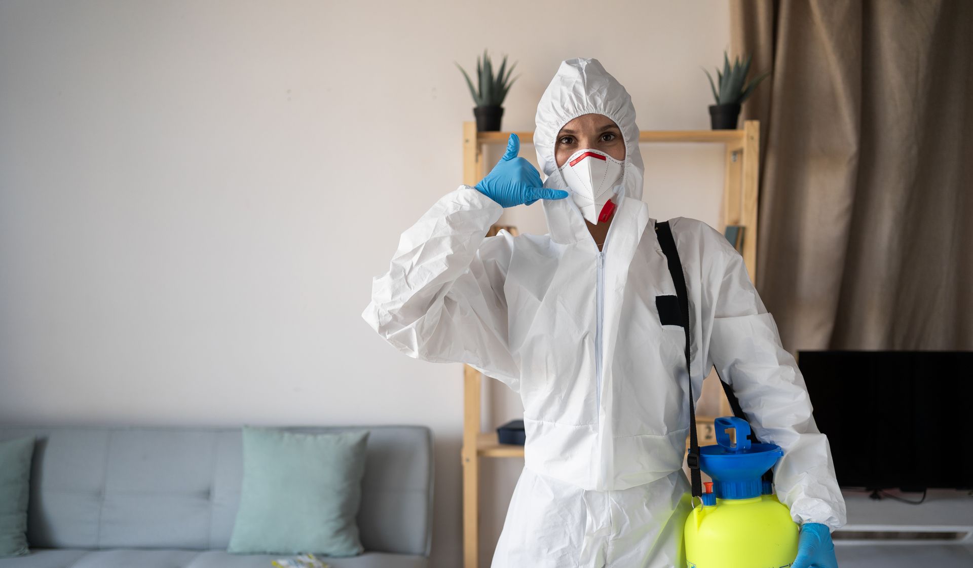 professional mice control service worker in full PPE holding sprayer during indoor pest treatment.