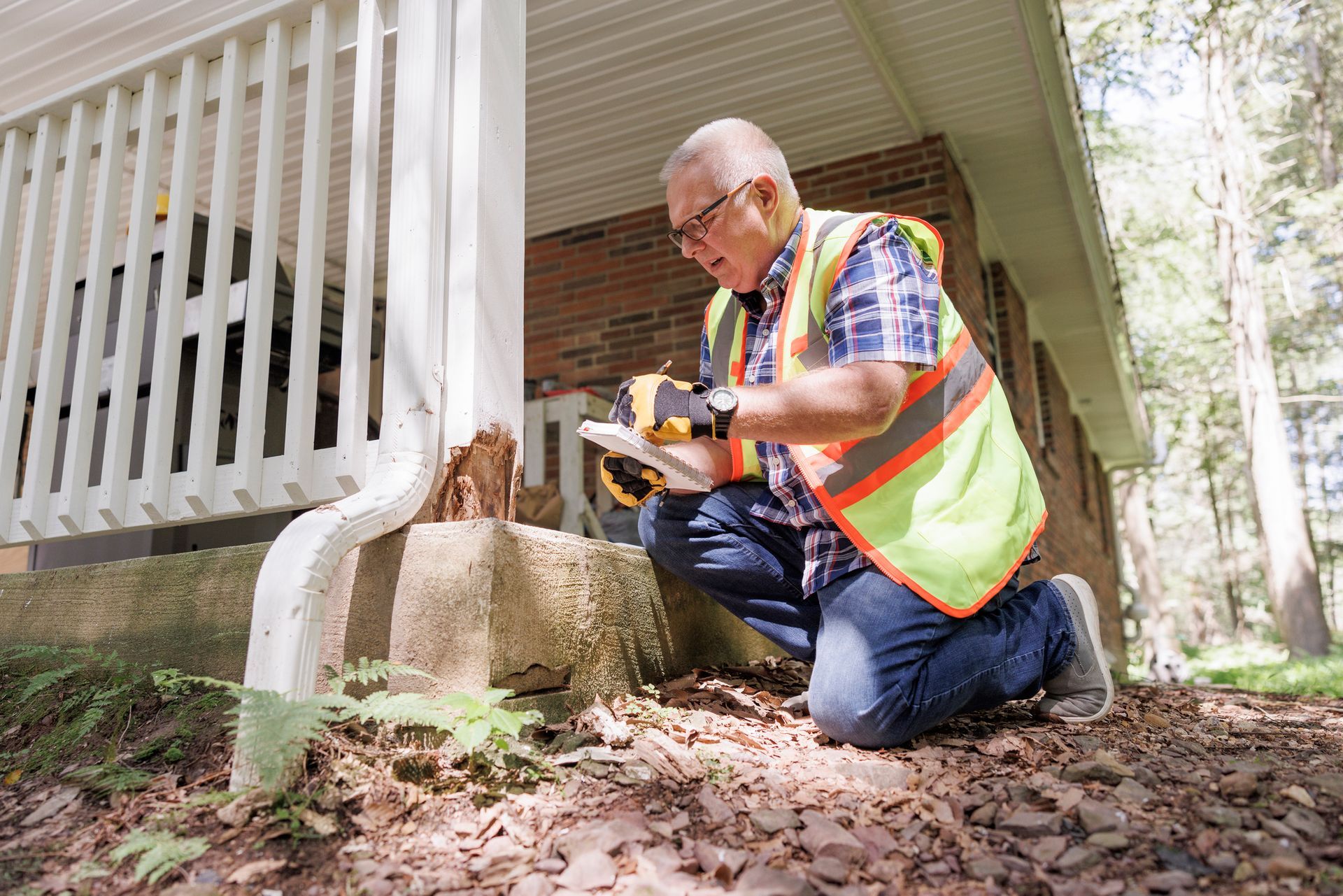 A man in a yellow vest is kneeling down in front of a house.