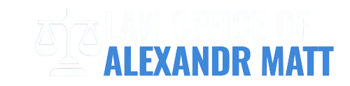 The name "ALEXANDR MATT" in blue letters next to a white icon of legal scales of justice.