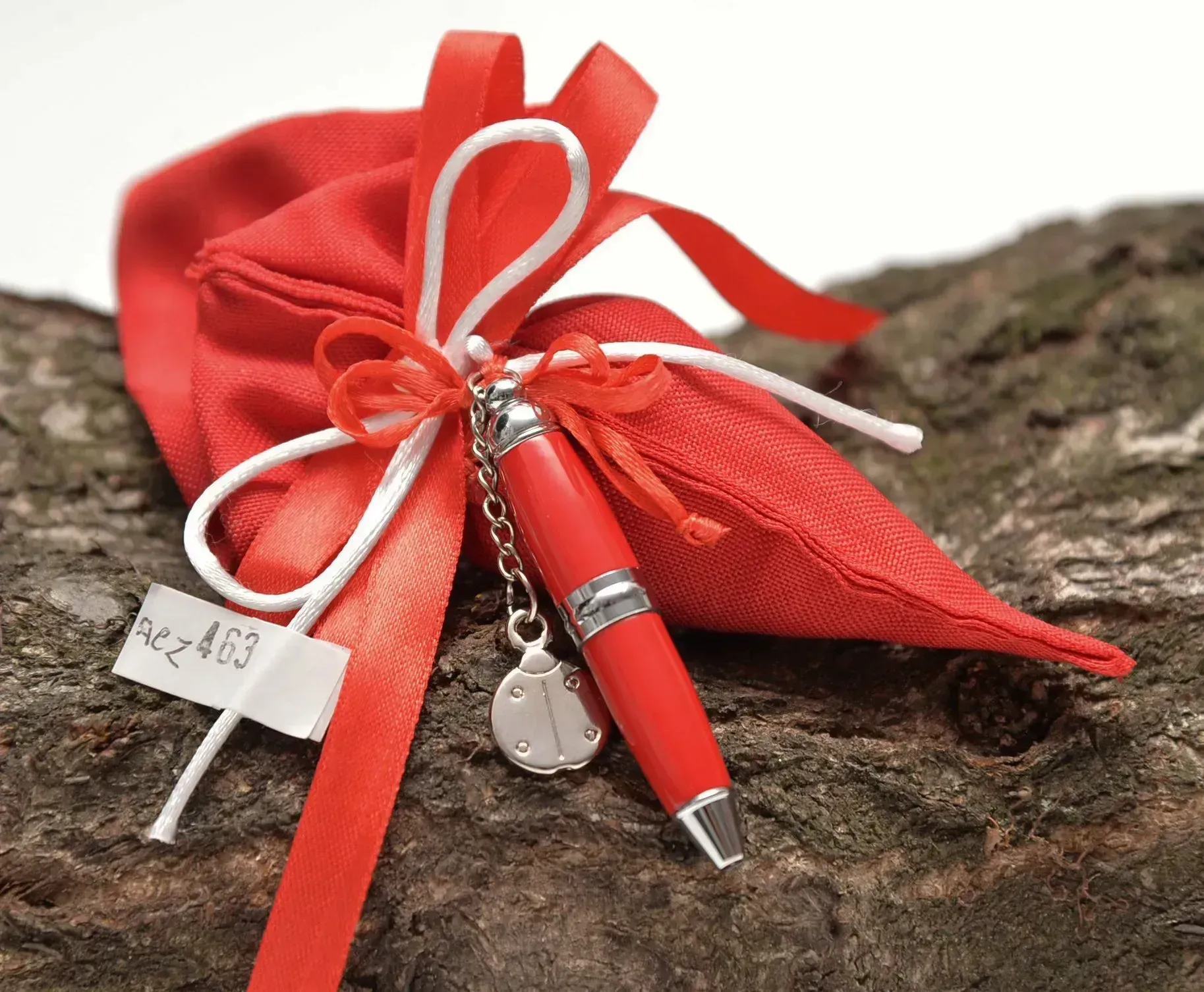 Penna rossa con ciondolo a forma di coccinella, legata a un sacchetto di stoffa rosso con un nastro bianco su una superficie di legno.