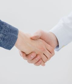 two people shaking hands with one wearing a blue shirt