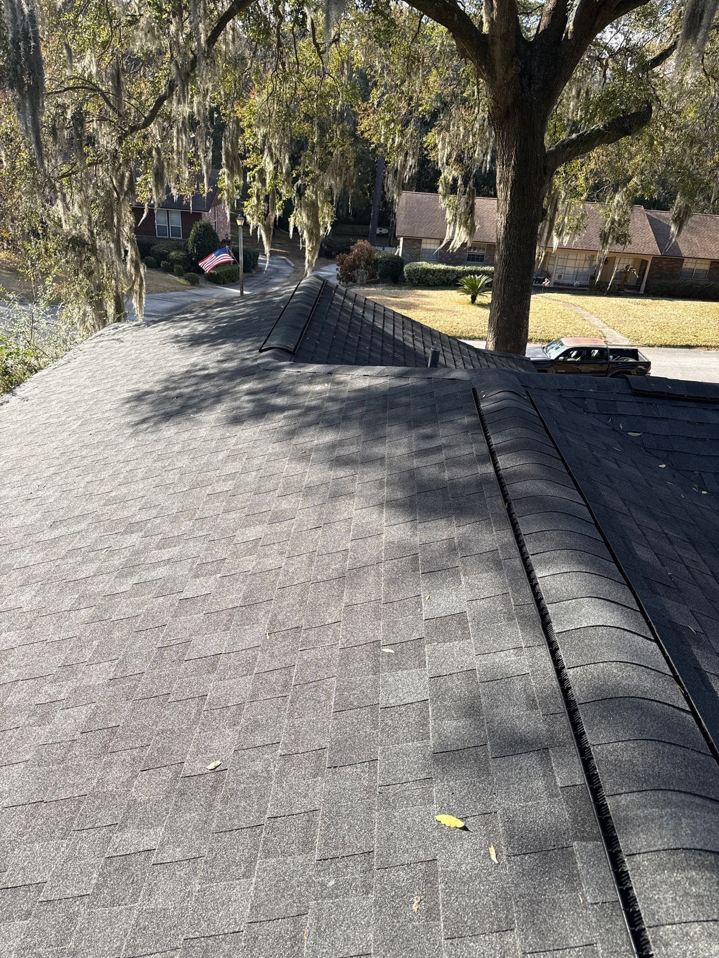 Dark shingled roof with a tree and neighborhood in the background. Sunny day.