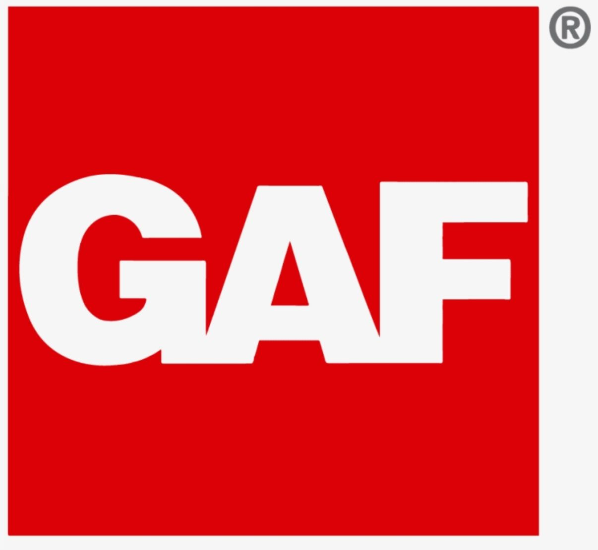 GAF logo: white letters on a red square.