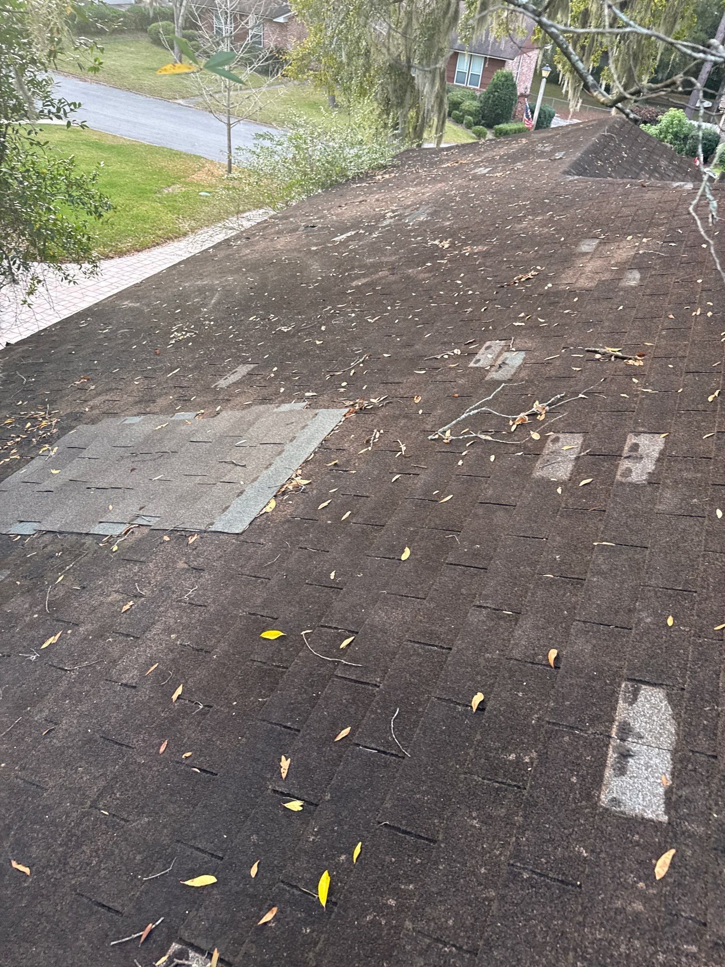 A dark, weathered roof with patches, covered in leaves. A residential street is in the background.