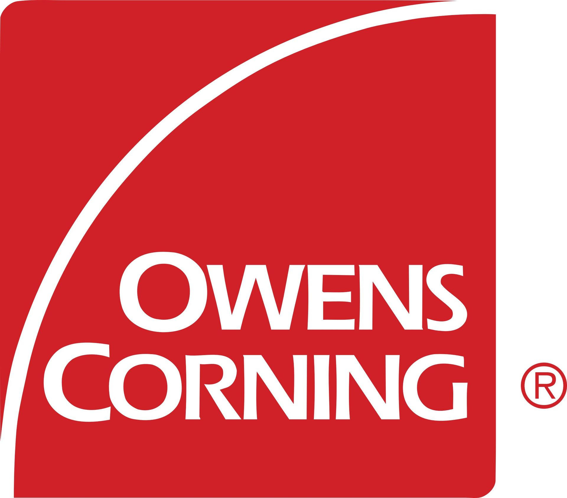 Owens Corning logo: Red square with white arched line and white text