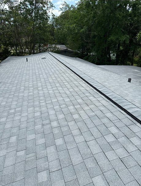 Gray shingled roof with a dark ridge cap, viewed from above, with trees in the background.