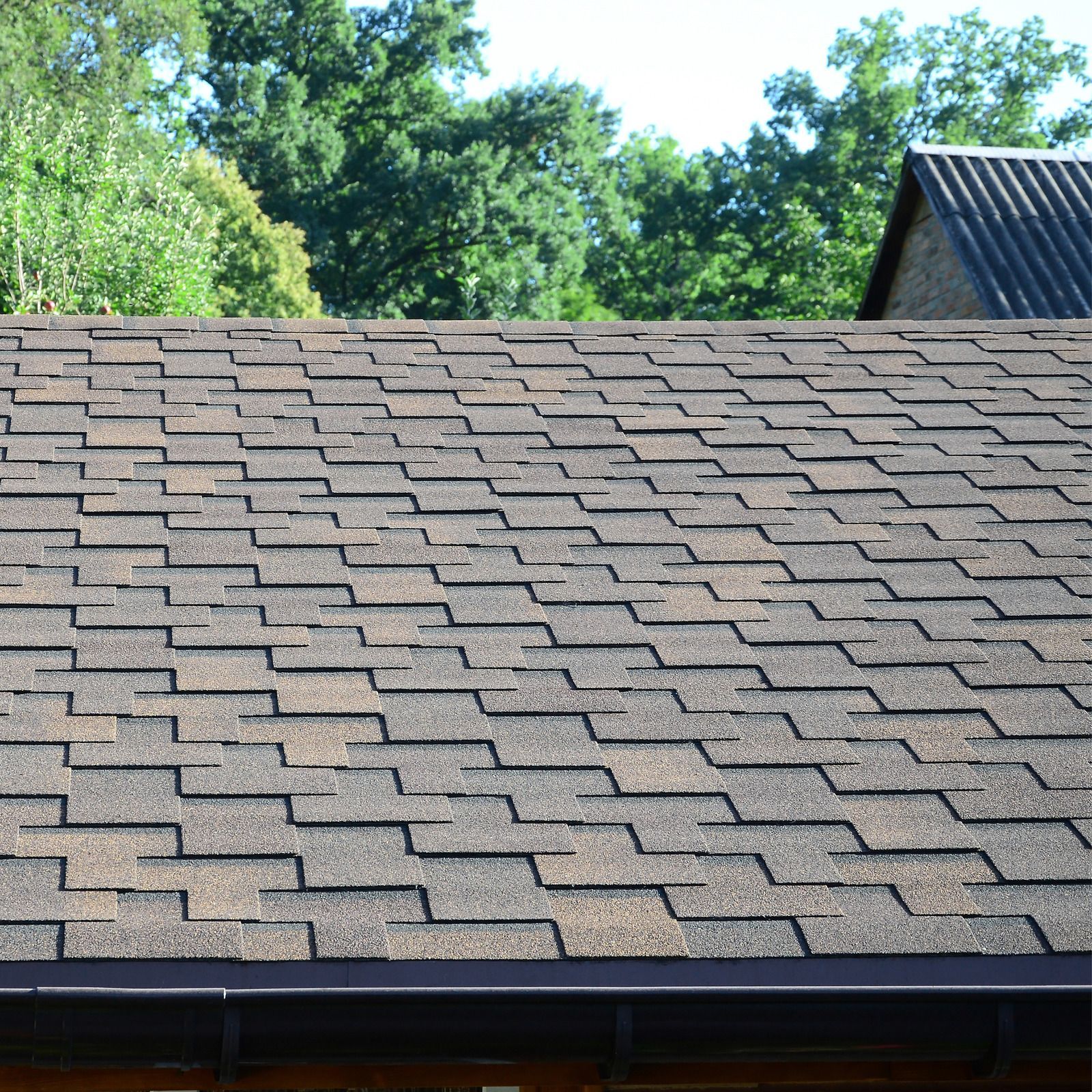 Asphalt shingle roof, brown and black, with a gutter and trees in the background.