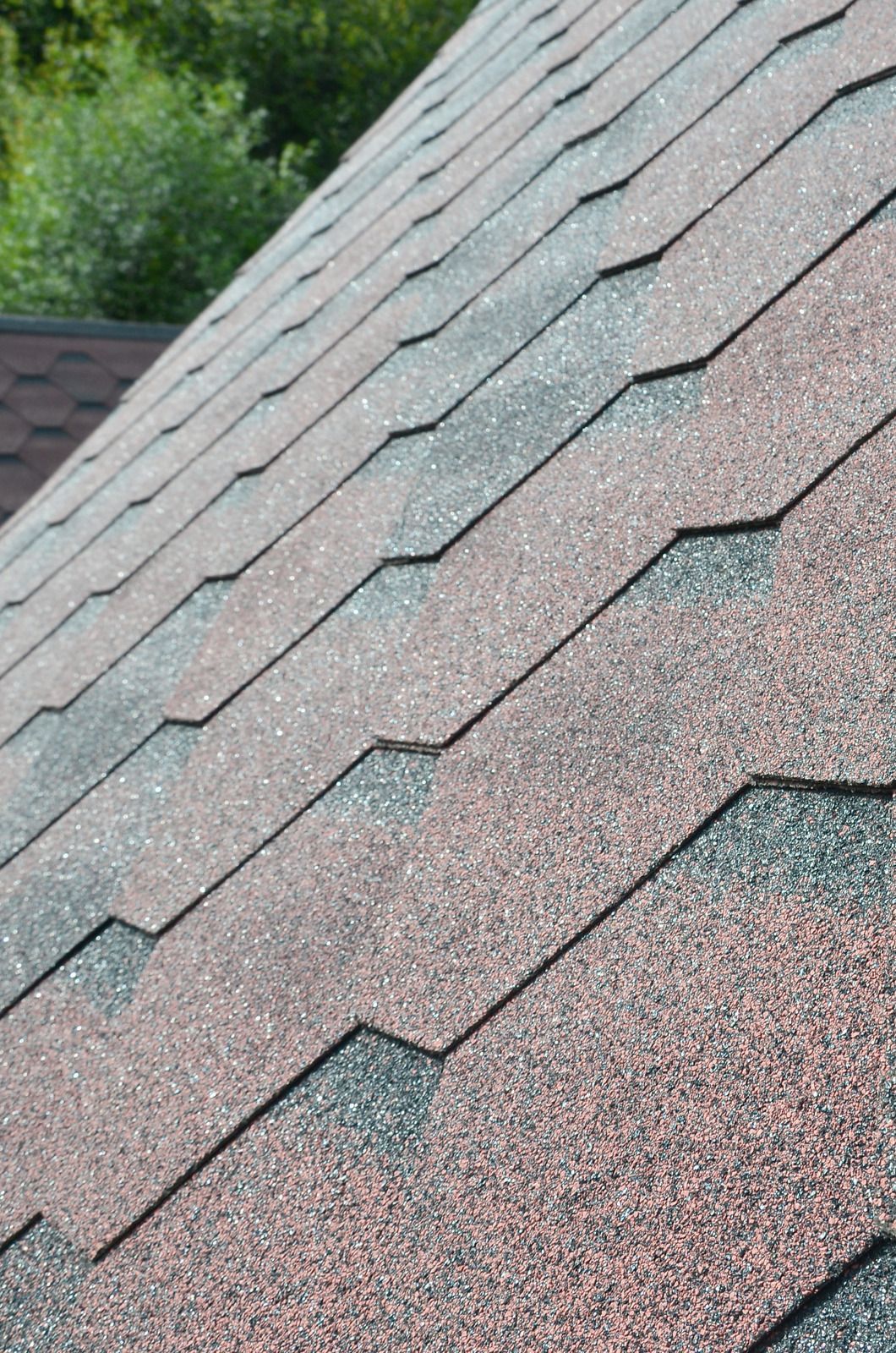 Close-up of a roof with brown and gray asphalt shingles.