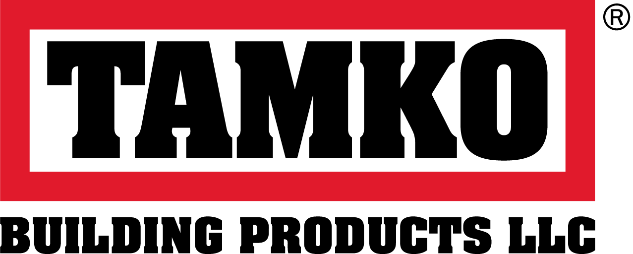 TAMKO logo in black on a white and red background;