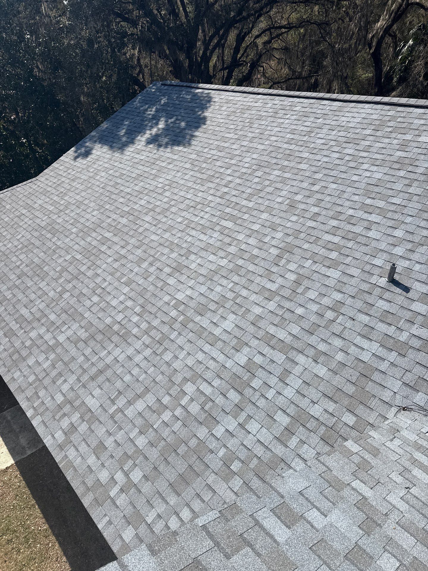 Gray shingle roof, angled view from above. Patches of lighter color, sunlight.