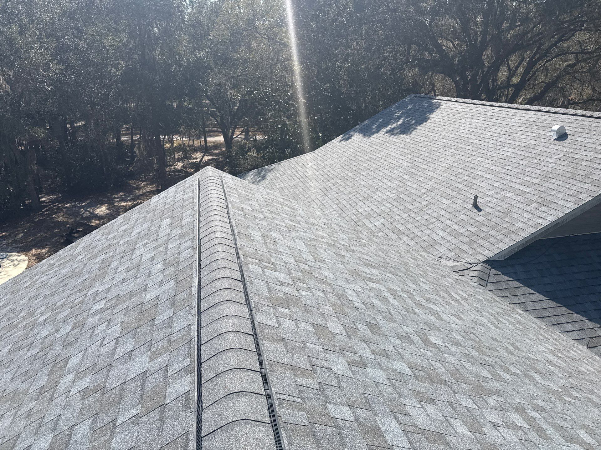 Gray asphalt shingle roof, angled view. Sunlight shines from the top. Trees are visible in the background.