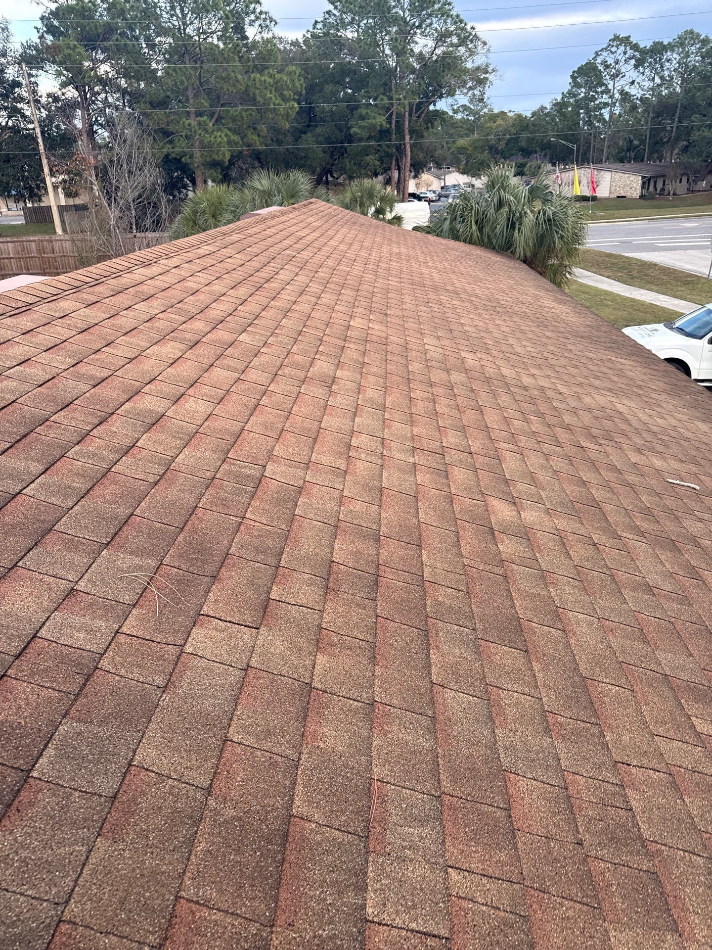 Brown shingled roof with a slight slope, outdoors in a residential setting.