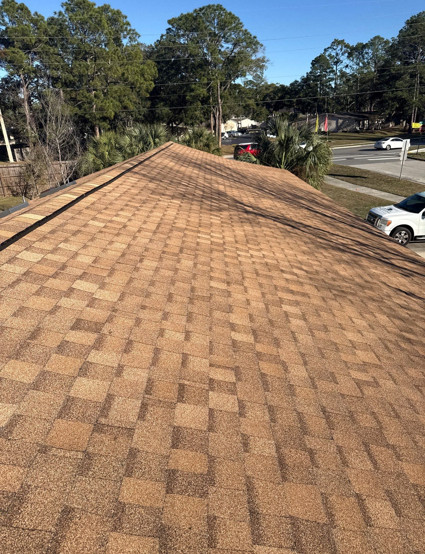 Brown shingle roof, angled view. Dark patches and trees in background. Cars in the distance on a street.