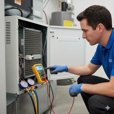 HVAC technician kneels, checking AC unit with a multimeter. He wears gloves.
