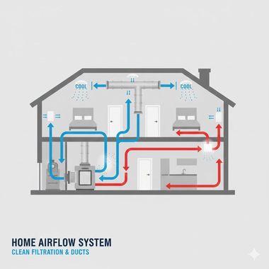 Diagram of a house illustrating home airflow system with red and blue arrows indicating air circulation.