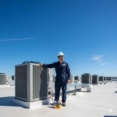 HVAC technician on a rooftop, inspecting an air conditioning unit under a blue sky.