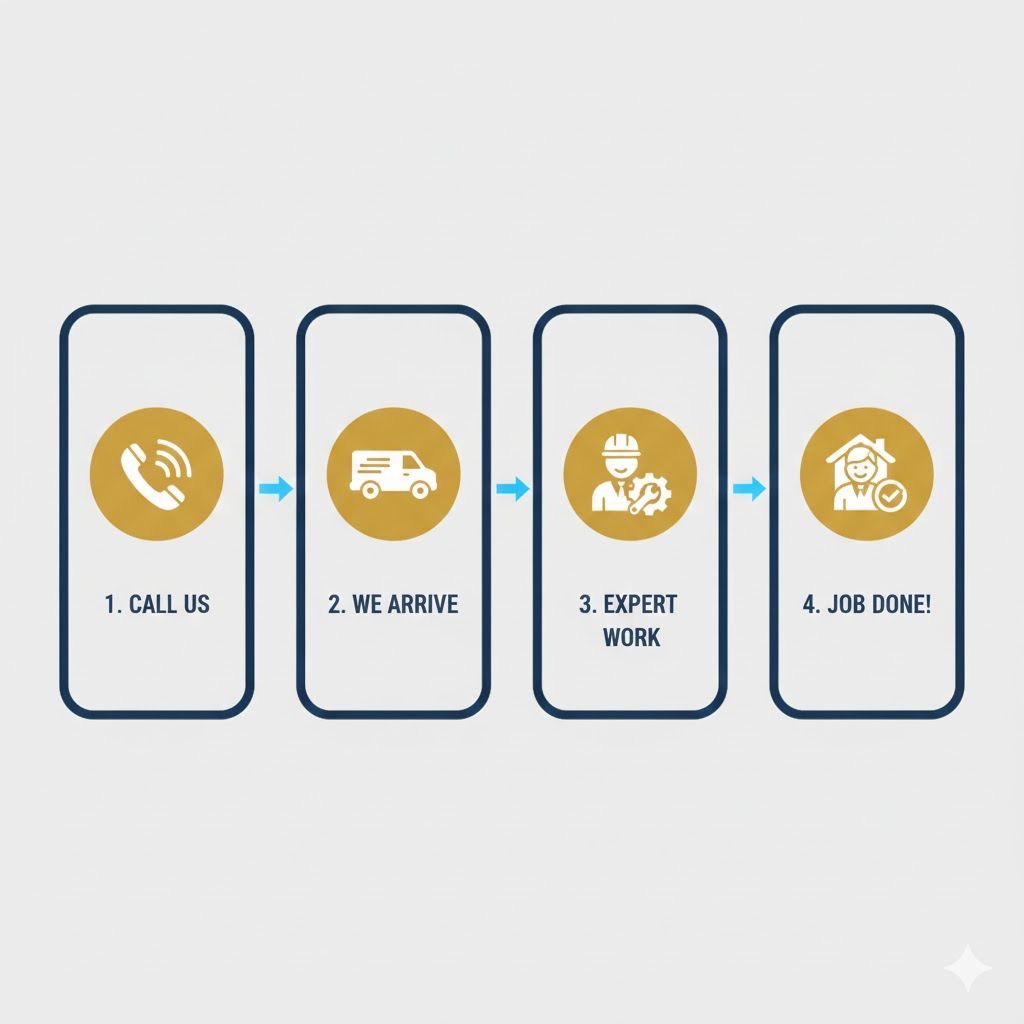 Process showing steps: call, arrive, expert work, and job done.
