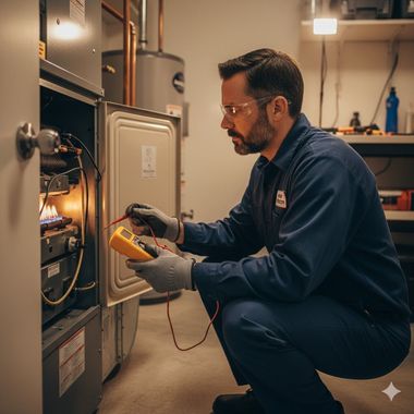 HVAC technician inspecting furnace with multimeter in a utility room.