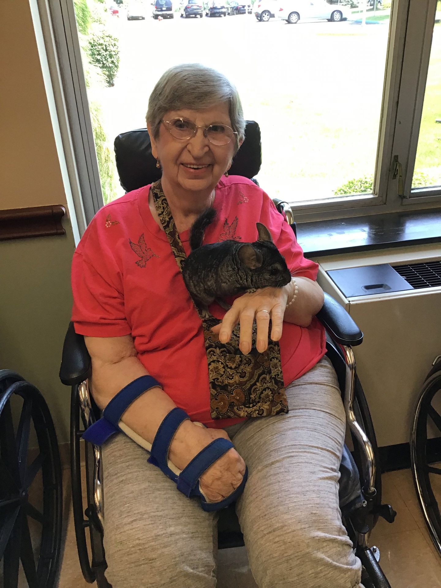 Elder holding chinchilla during pet therapy at Lenawee Medical Care Facility in Adrian, MI