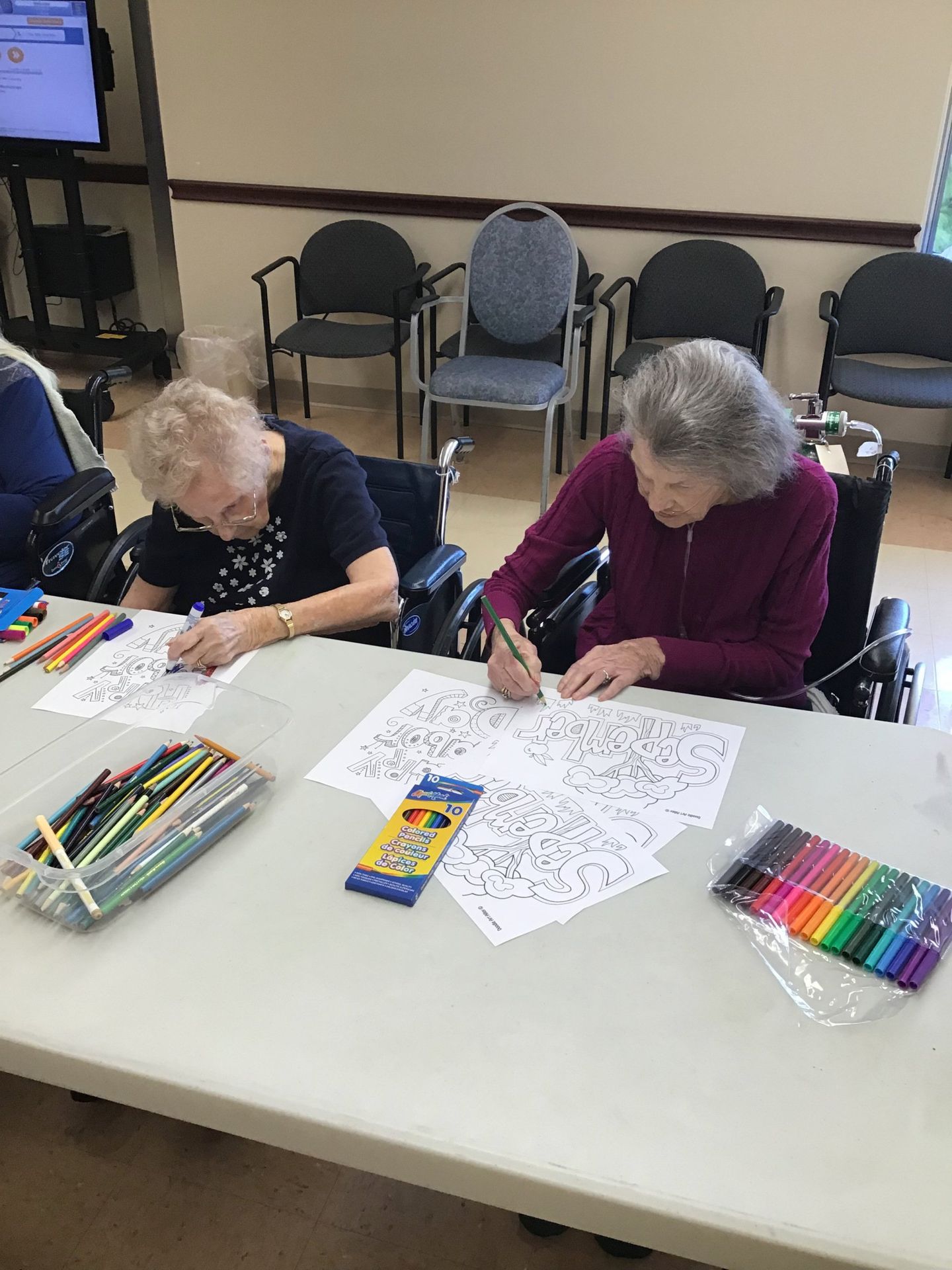 Elders coloring together at Lenawee Medical Care Facility in Adrian, MI